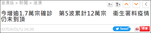 香港新增17063例确诊 死亡66例（其中6例为输入病例）