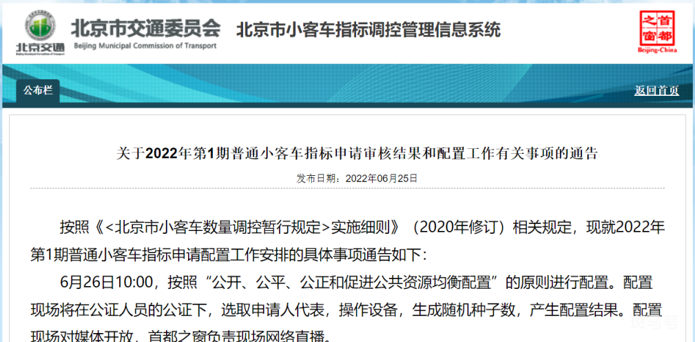 2022年第1期北京普通小客车指标配置数量（附详情）(图1)